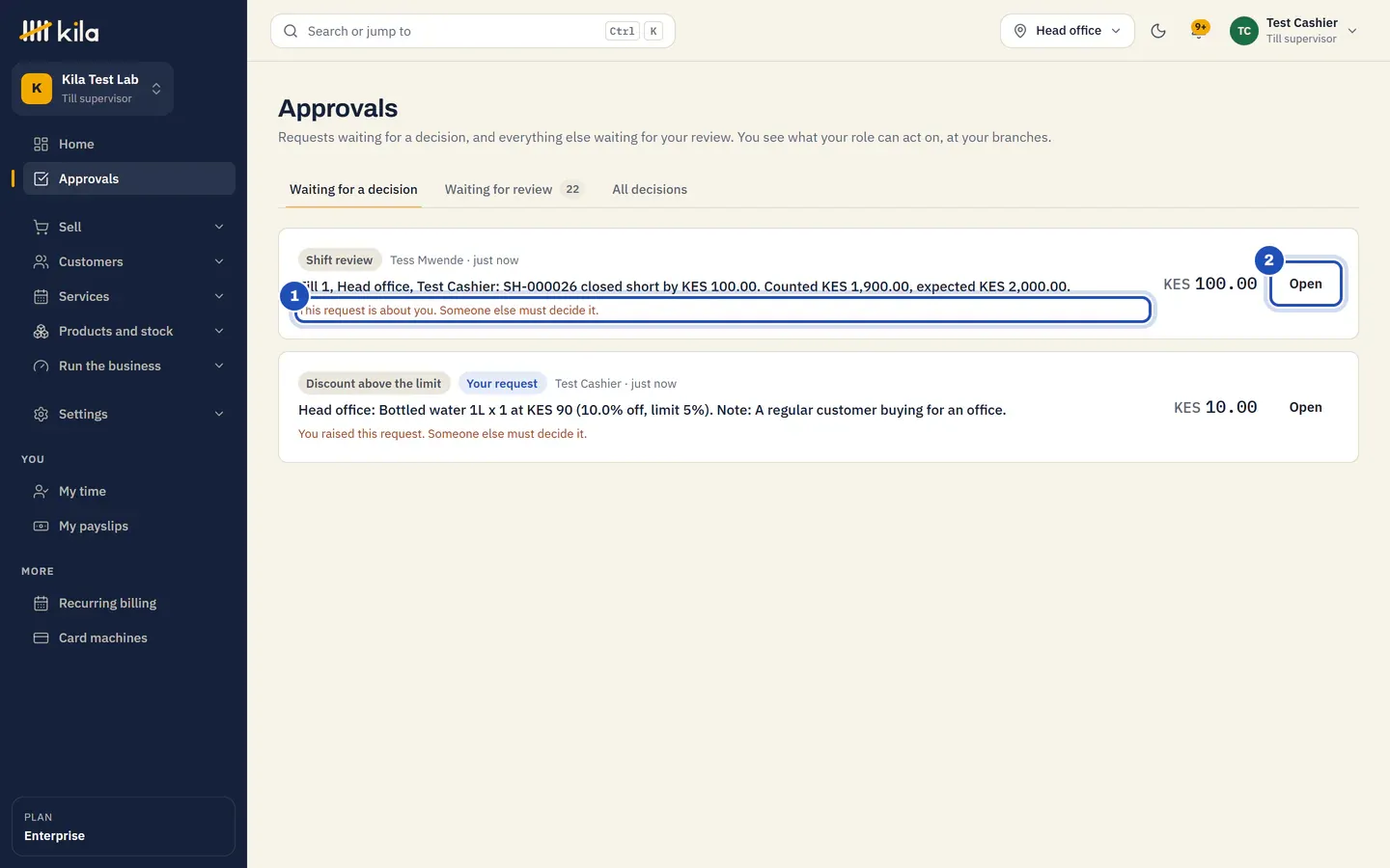 Test Cashier's Approvals while she is a till supervisor: a Shift review from Tess Mwende, Till 1, Head office, Test Cashier: SH-… closed short by KES 100.00. Counted KES 1,900.00, expected KES 2,000.00, with This request is about you. Someone else must decide it (1), and Open (2).
