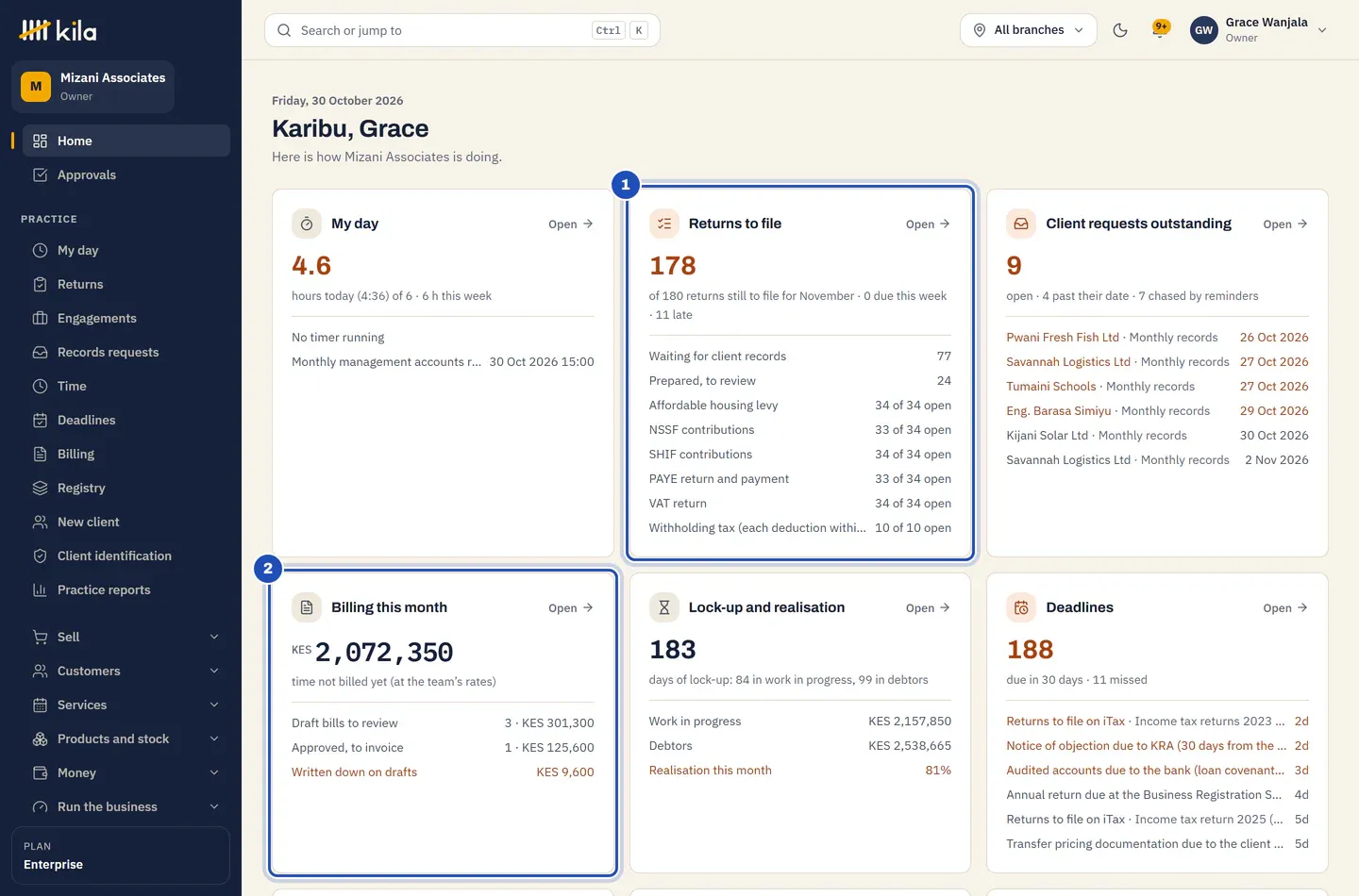 Grace Wanjala's home page at Mizani Associates: My day, Returns to file with the returns waiting for records and to review (1), Client requests outstanding, Billing this month with the time not billed yet and the draft bills (2), Lock-up and realisation, and Deadlines.