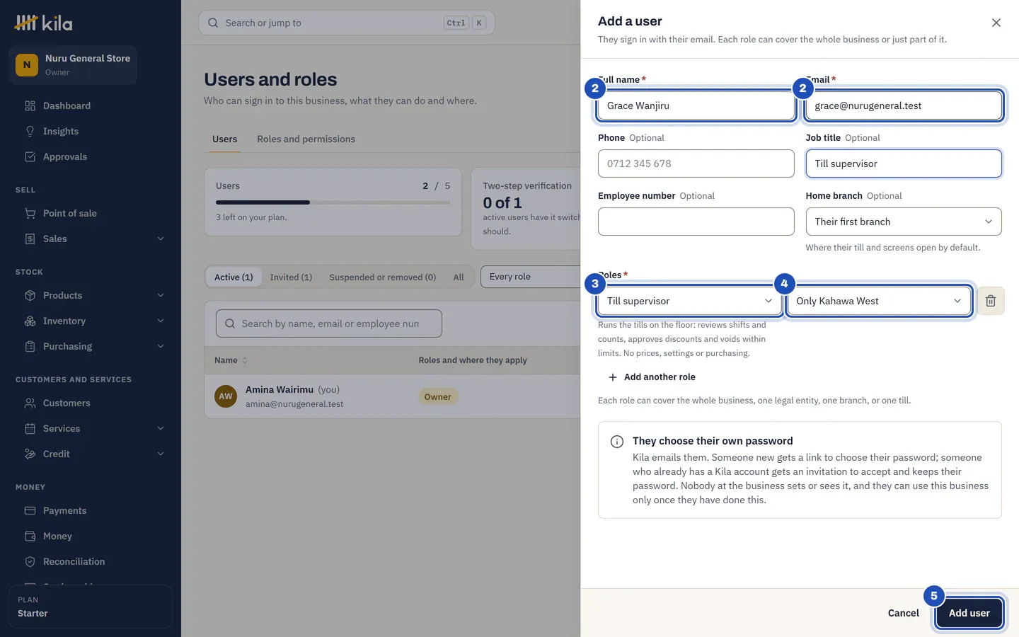 Add a user: Grace Wanjiru and grace@nurugeneral.test (2), the role Till supervisor with what it is for (3), Only Kahawa West (4) and Add user (5).