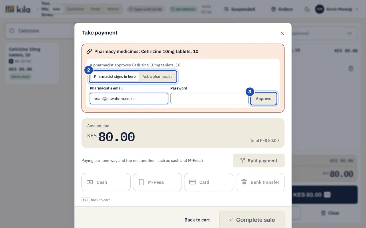 Take payment for Cetirizine 10mg tablets at Dawa Bora Chemists: the panel Pharmacy medicines with the choice Pharmacist signs in here or Ask a pharmacist (2), the pharmacist's email and password, and Approve (3). Cash, M-Pesa, Card and Bank transfer are grey.