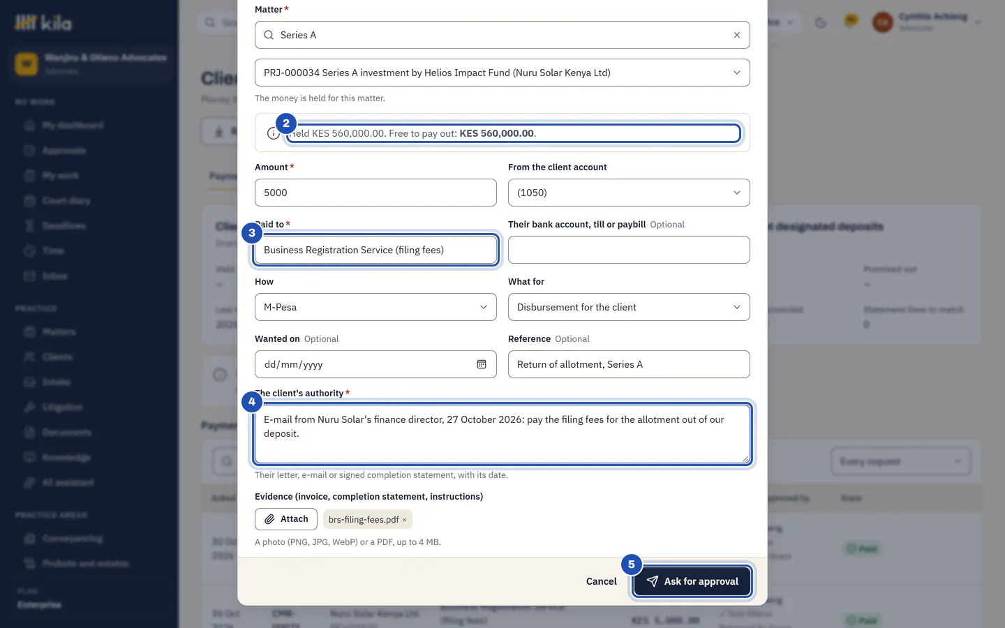 Ask to pay out of client money for Nuru Solar's Series A: what is free to pay out (2), paid to the Business Registration Service (3), the client's authority (4) and Ask for approval (5).