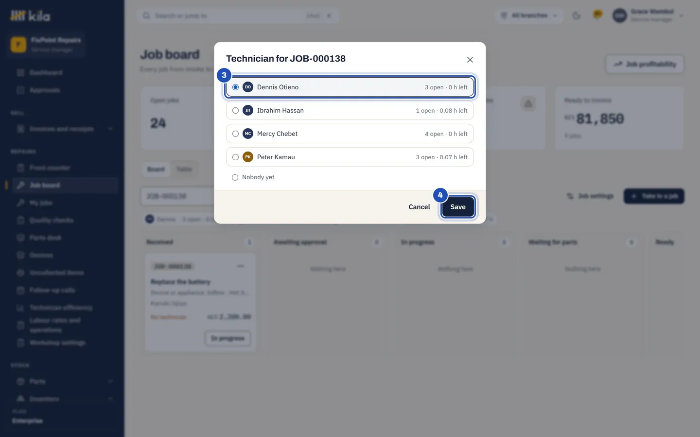 Technician for a job at FixPoint Repairs: Dennis Otieno chosen, with his open jobs and hours left (3), Ibrahim Hassan, Mercy Chebet, Peter Kamau and Nobody yet below, and Save (4).