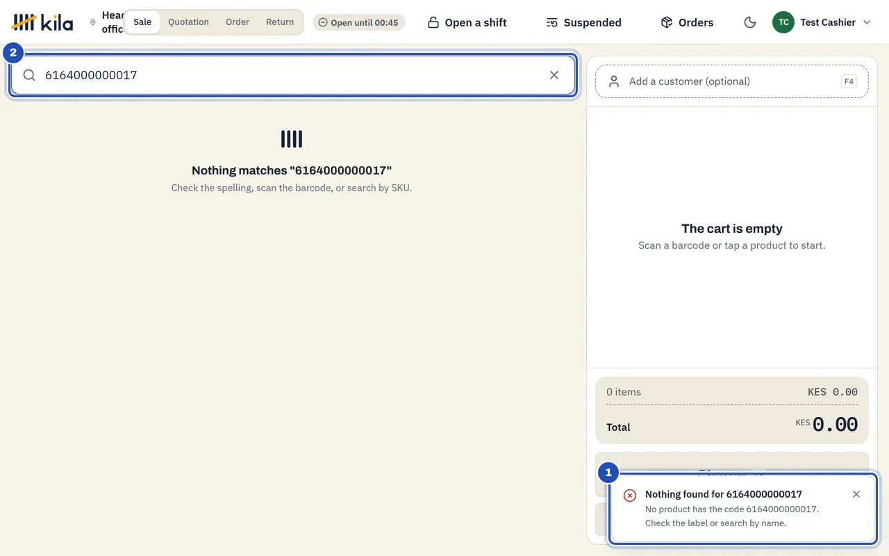 The till after scanning 6164000000017: Nothing found for 6164000000017. No product has the code 6164000000017. Check the label or search by name (1). The search box (2).