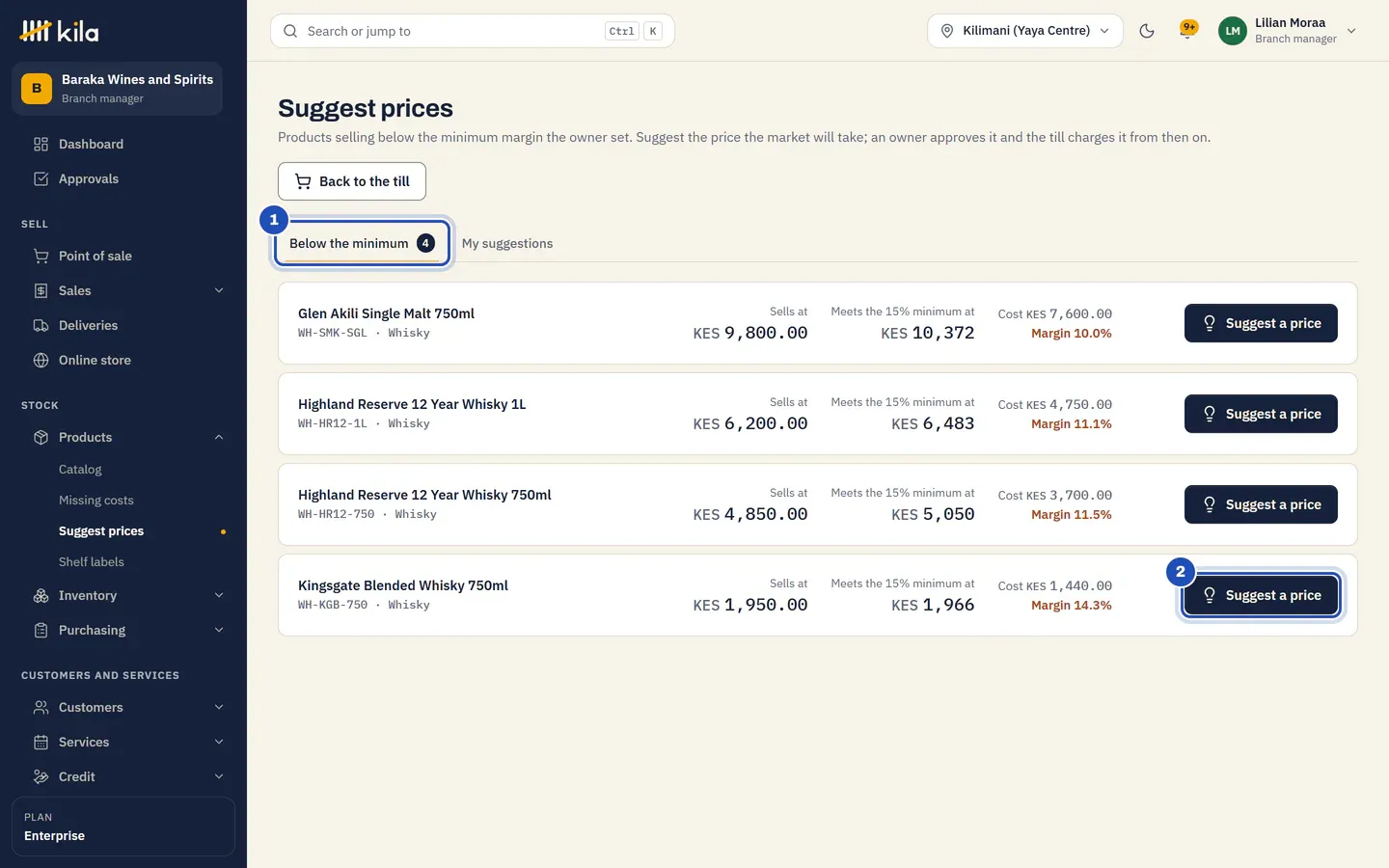Suggest prices for Lilian Moraa at Kilimani (Yaya Centre): Below the minimum (1) lists four whiskies; Kingsgate Blended Whisky 750ml sells at KES 1,950.00 and meets the 15% minimum at KES 1,966, with Suggest a price marked 2.