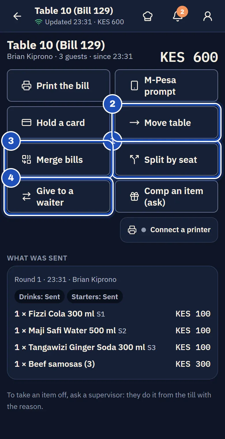 The bill for Table 10 on Kila Floor, with Split by seat (1), Move table (2), Merge bills (3) and Give to a waiter (4).