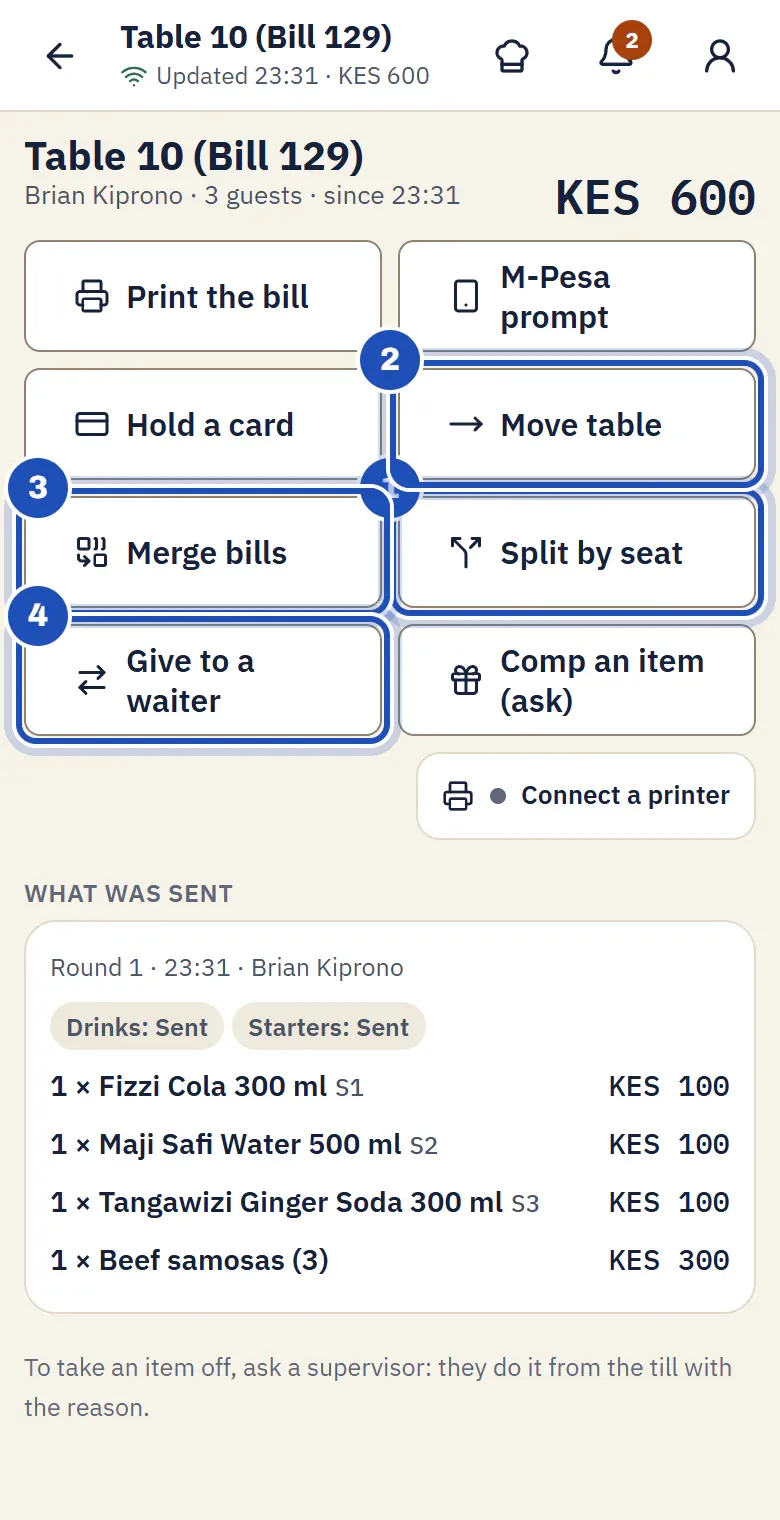 The bill for Table 10 on Kila Floor, with Split by seat (1), Move table (2), Merge bills (3) and Give to a waiter (4).