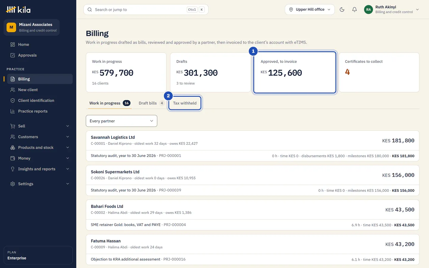 Ruth Akinyi's Billing page at Mizani Associates: work in progress, drafts, Approved, to invoice (1), certificates to collect, and the tabs Work in progress, Draft bills and Tax withheld (2).