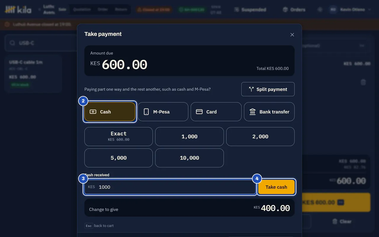Take payment for a USB-C cable, amount due KES 600.00: Cash is chosen (2), with Exact and 1,000, 2,000, 5,000 and 10,000 below it. KES 1000 is typed in Cash received (3) and Kila shows Change to give KES 400.00. Take cash is marked 4.