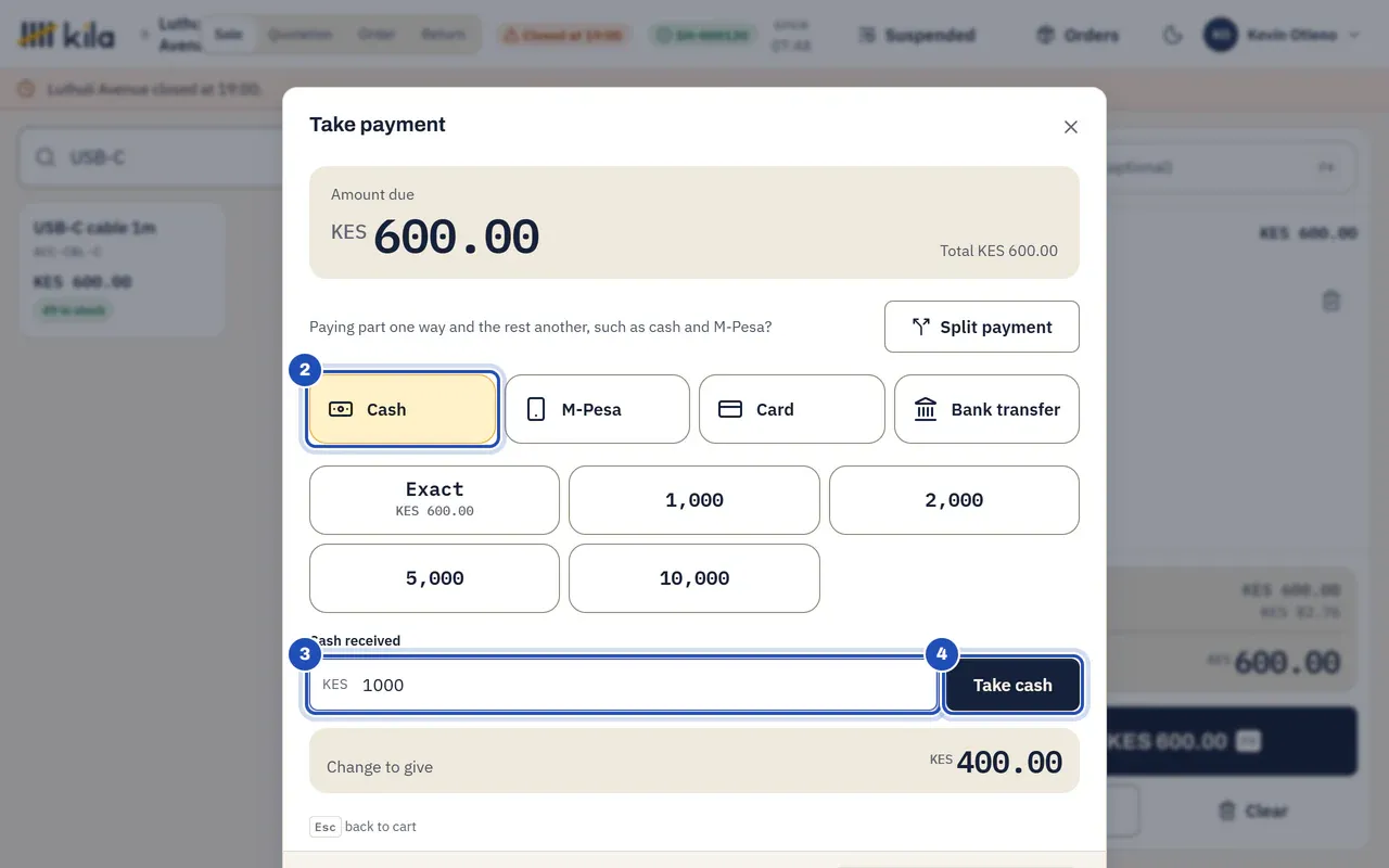 Take payment for a USB-C cable, amount due KES 600.00: Cash is chosen (2), with Exact and 1,000, 2,000, 5,000 and 10,000 below it. KES 1000 is typed in Cash received (3) and Kila shows Change to give KES 400.00. Take cash is marked 4.