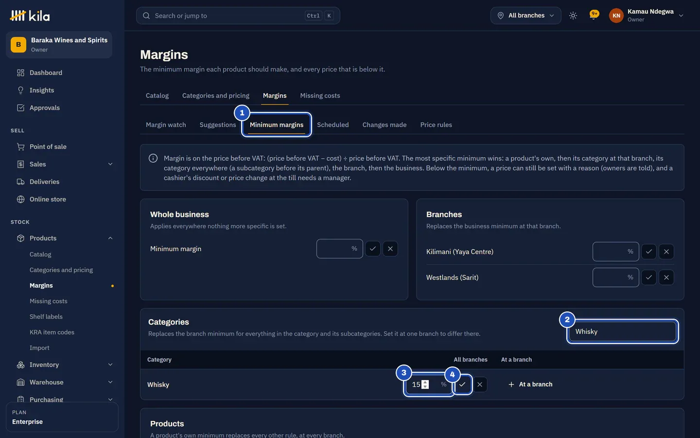 Margins at Baraka Wines and Spirits: the Minimum margins tab (1), Whisky typed in Find a category (2), 15% typed for Whisky under All branches (3) and the tick that saves it (4).