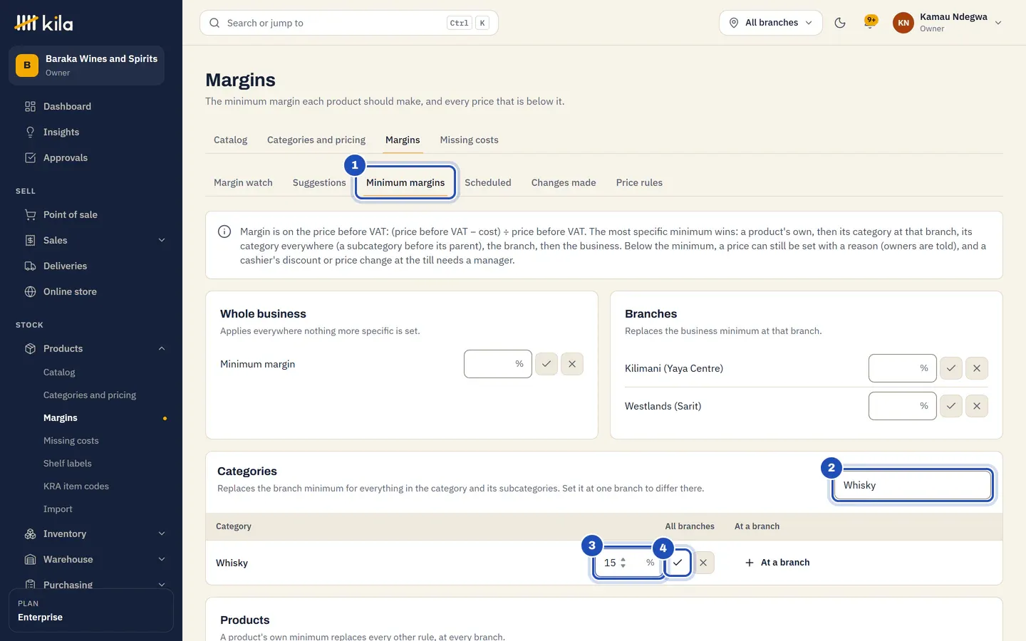 Margins at Baraka Wines and Spirits: the Minimum margins tab (1), Whisky typed in Find a category (2), 15% typed for Whisky under All branches (3) and the tick that saves it (4).