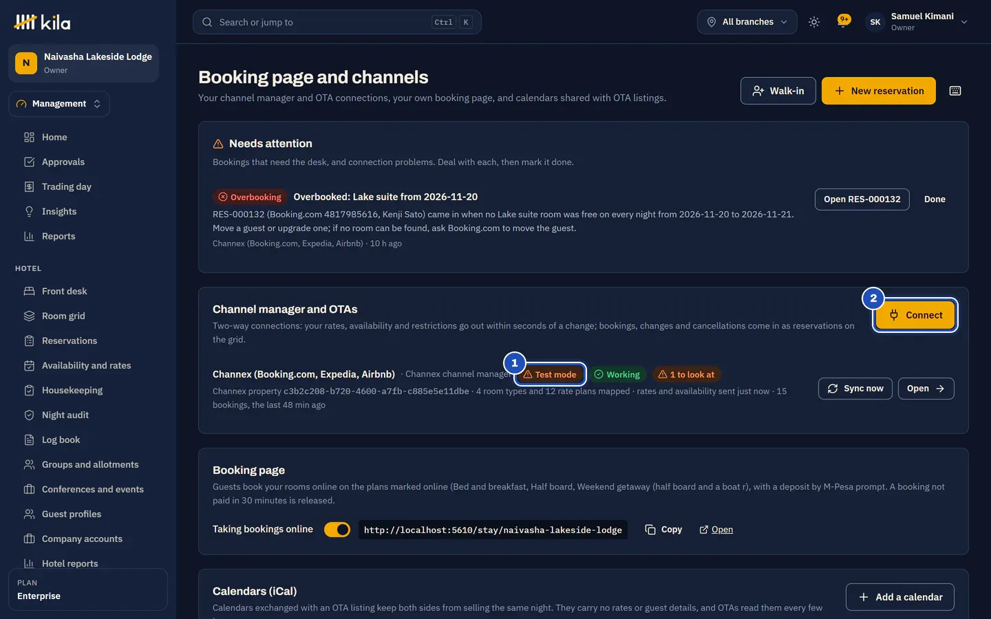 Booking page and channels at Naivasha Lakeside Lodge: an overbooking under Needs attention, the Channex connection in Test mode (1) and Working, and Connect (2).