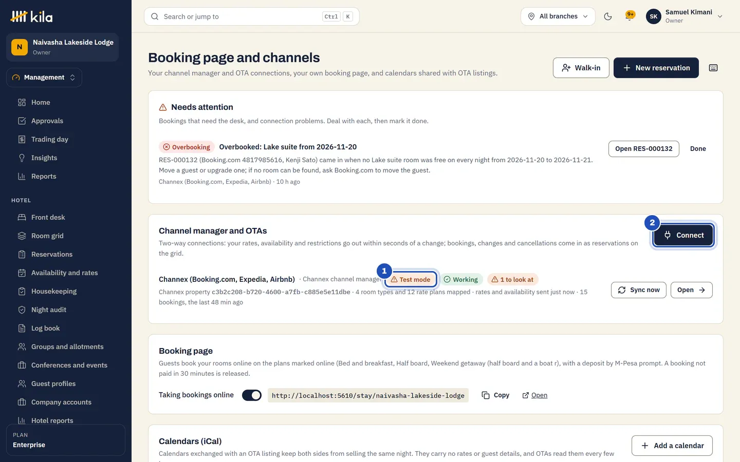 Booking page and channels at Naivasha Lakeside Lodge: an overbooking under Needs attention, the Channex connection in Test mode (1) and Working, and Connect (2).