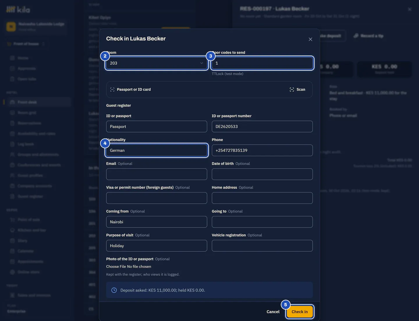 Check in Lukas Becker at Naivasha Lakeside Lodge: room 203 chosen (2), Door codes to send 1 with TTLock (test mode) (3), the guest register filled in, with German as the nationality (4), and the Check in button (5).