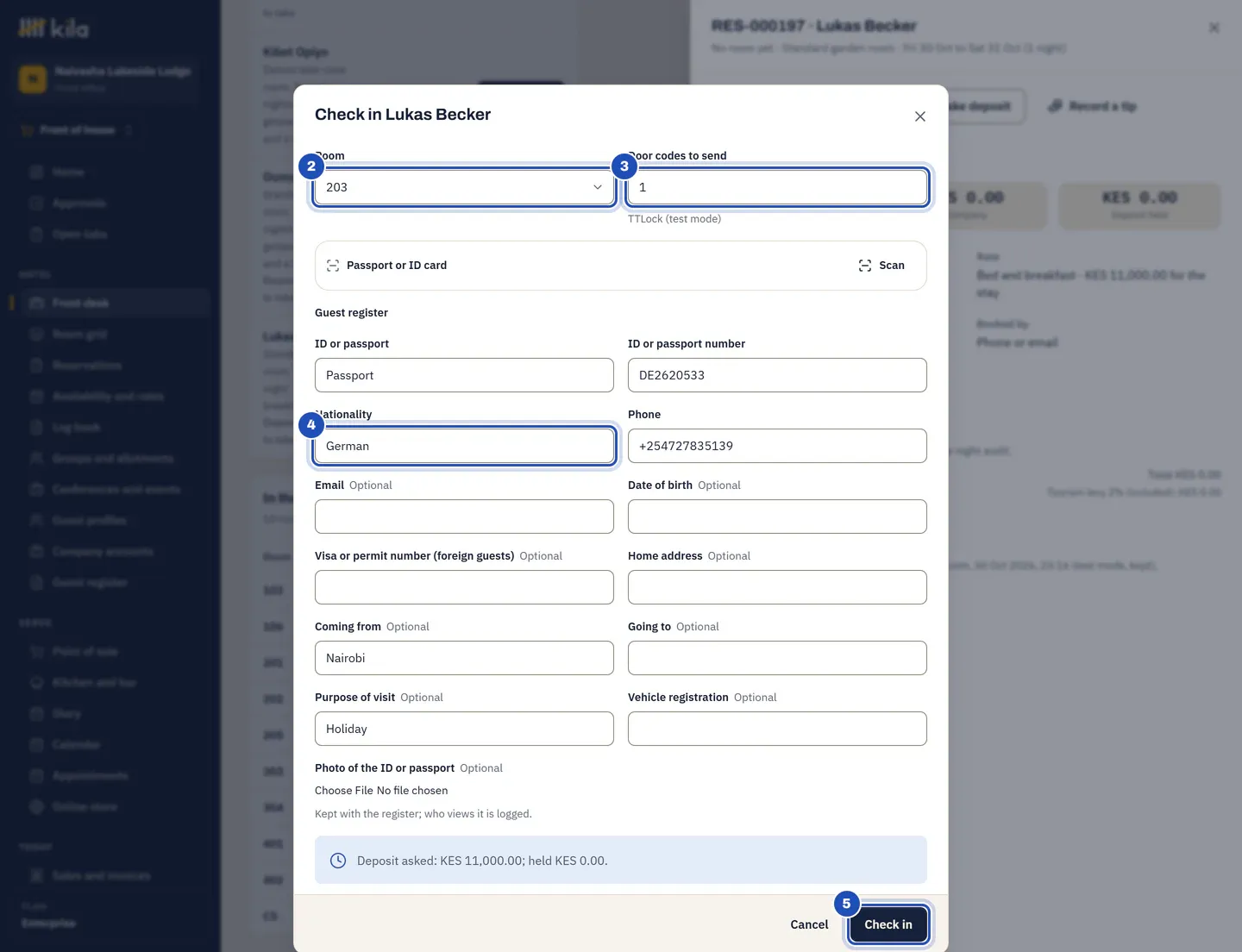 Check in Lukas Becker at Naivasha Lakeside Lodge: room 203 chosen (2), Door codes to send 1 with TTLock (test mode) (3), the guest register filled in, with German as the nationality (4), and the Check in button (5).