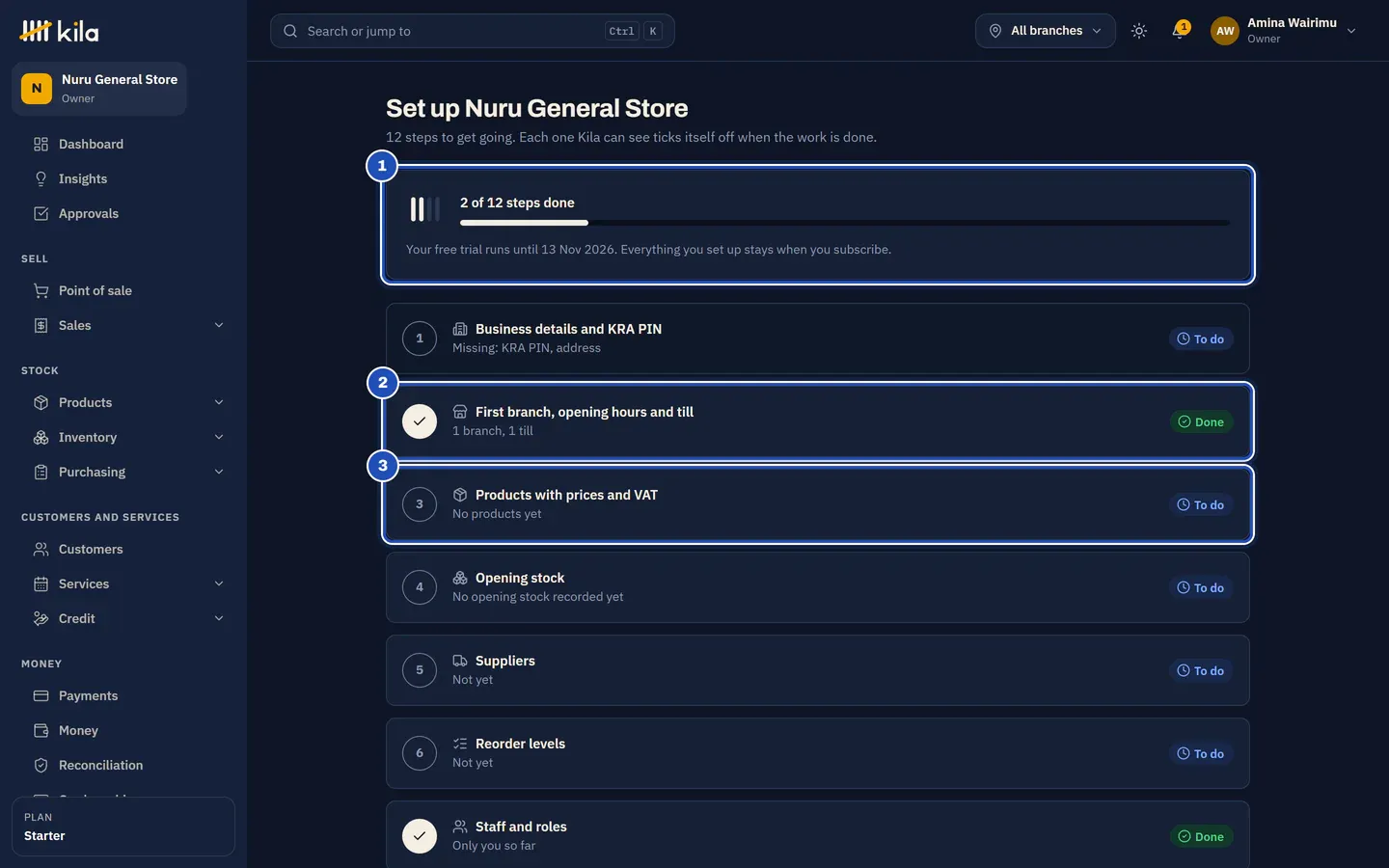Set up Nuru General Store: how many of the 12 steps are done, with the free trial date (1), First branch, opening hours and till marked Done with 1 branch, 1 till (2), and Products with prices and VAT To do with No products yet (3).