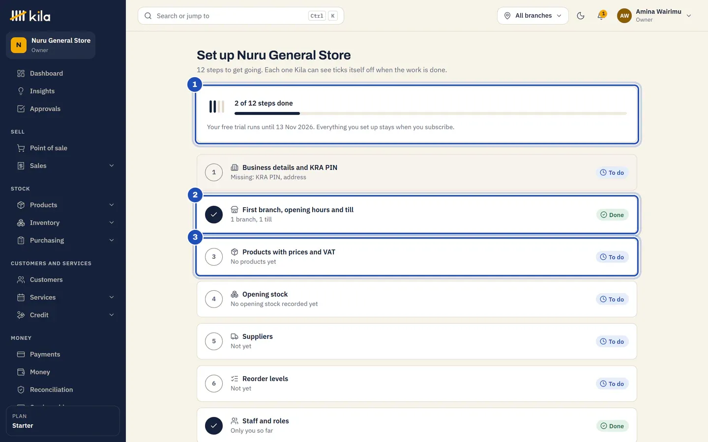 Set up Nuru General Store: how many of the 12 steps are done, with the free trial date (1), First branch, opening hours and till marked Done with 1 branch, 1 till (2), and Products with prices and VAT To do with No products yet (3).