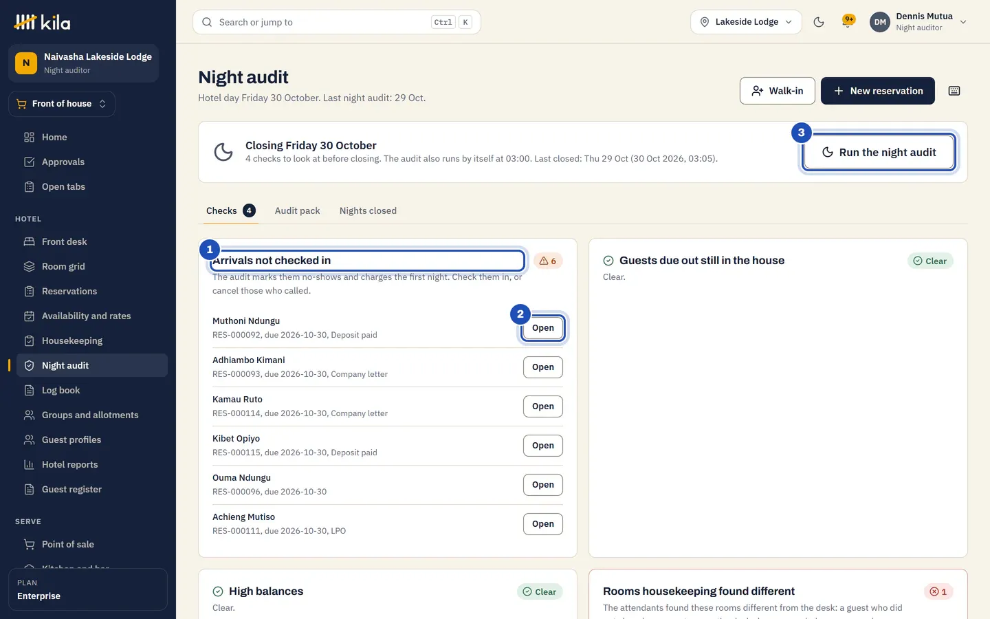 Dennis Mutua's night audit at Naivasha Lakeside Lodge, Closing Friday 30 October with 4 checks: Arrivals not checked in with six arrivals (1), Open on the first (2), Guests due out still in the house Clear, and Run the night audit (3).
