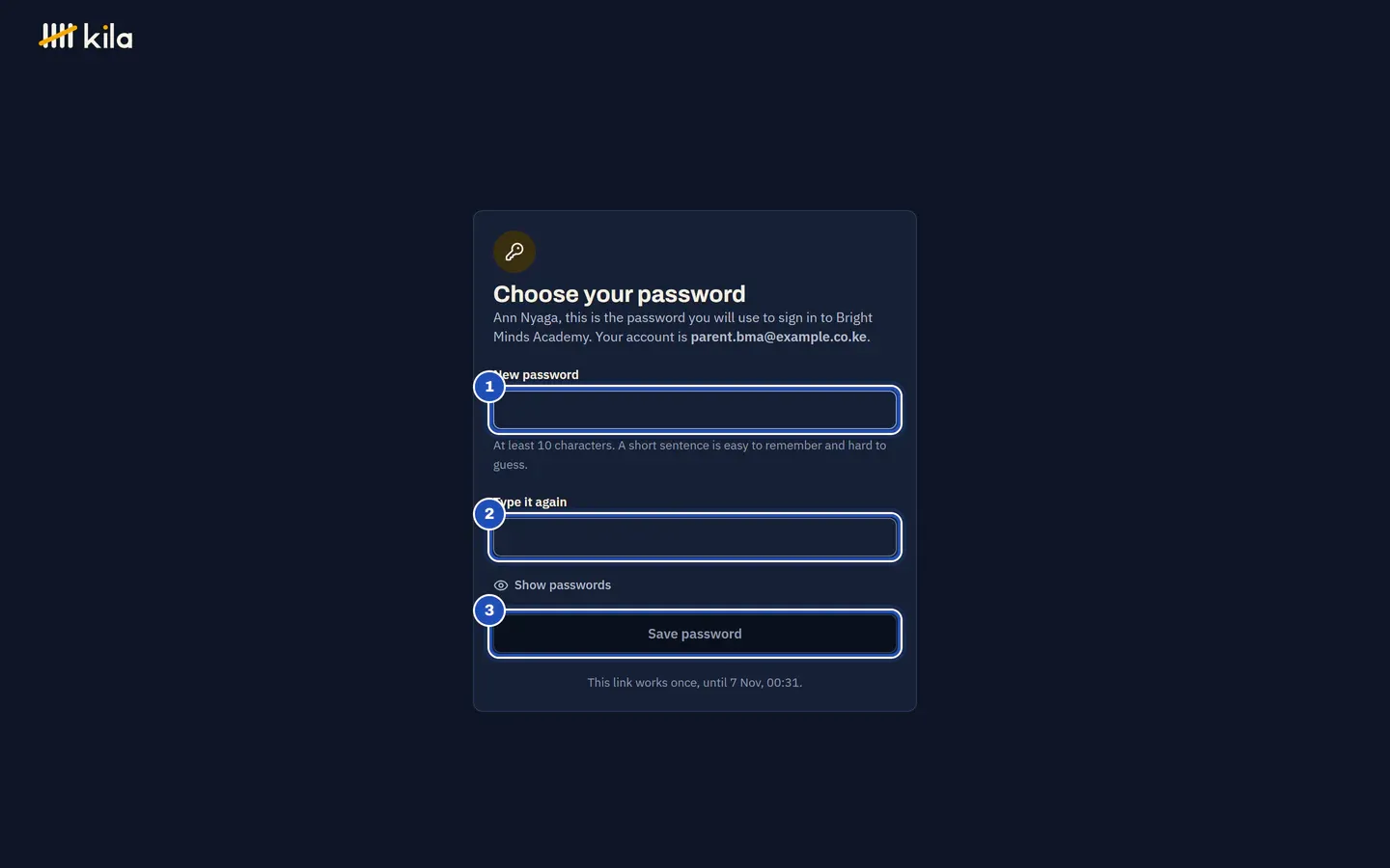 Choose your password: Ann Nyaga, this is the password you will use to sign in to Bright Minds Academy. New password (1), Type it again (2) and Save password (3), and when the link stops working.