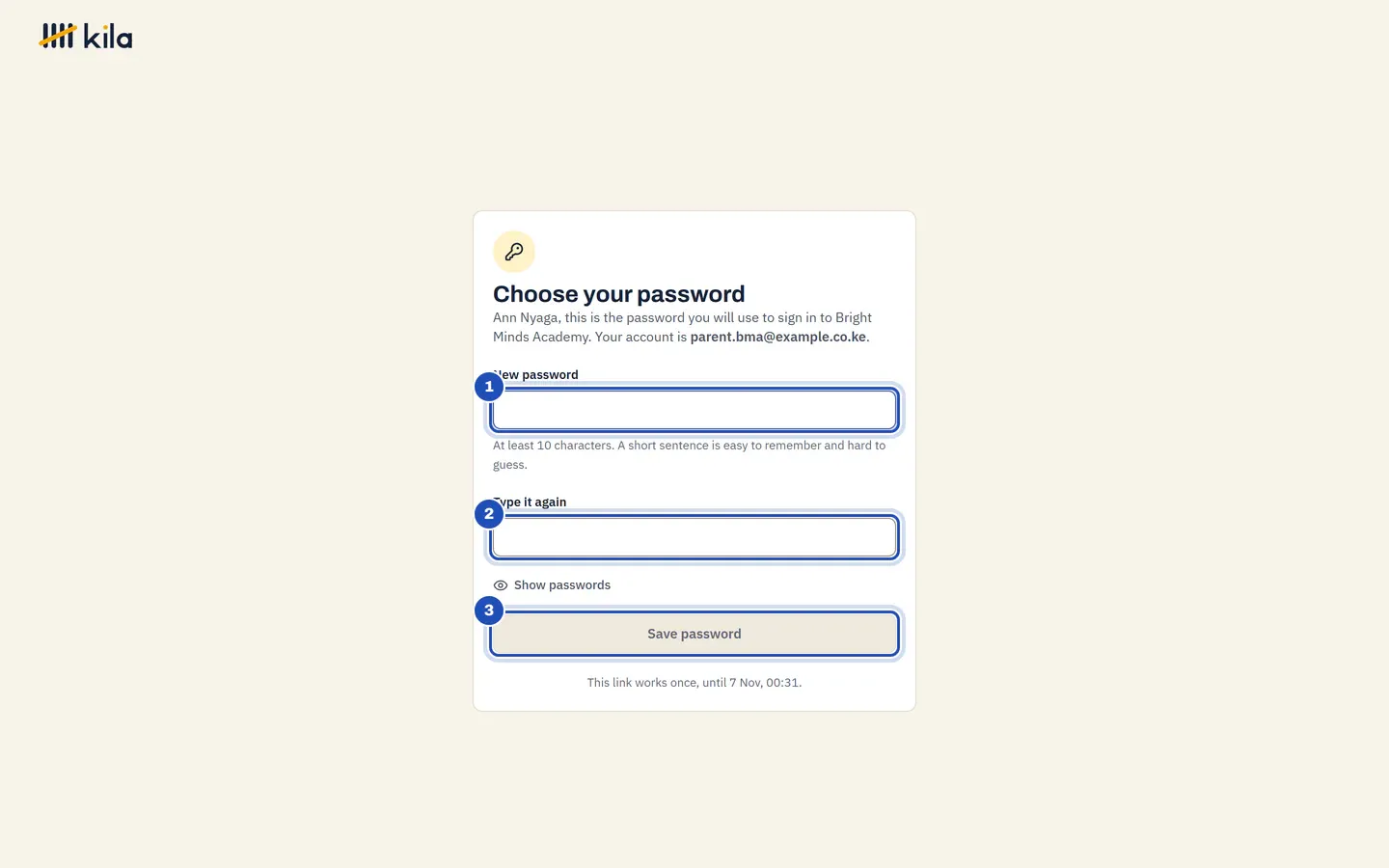 Choose your password: Ann Nyaga, this is the password you will use to sign in to Bright Minds Academy. New password (1), Type it again (2) and Save password (3), and when the link stops working.