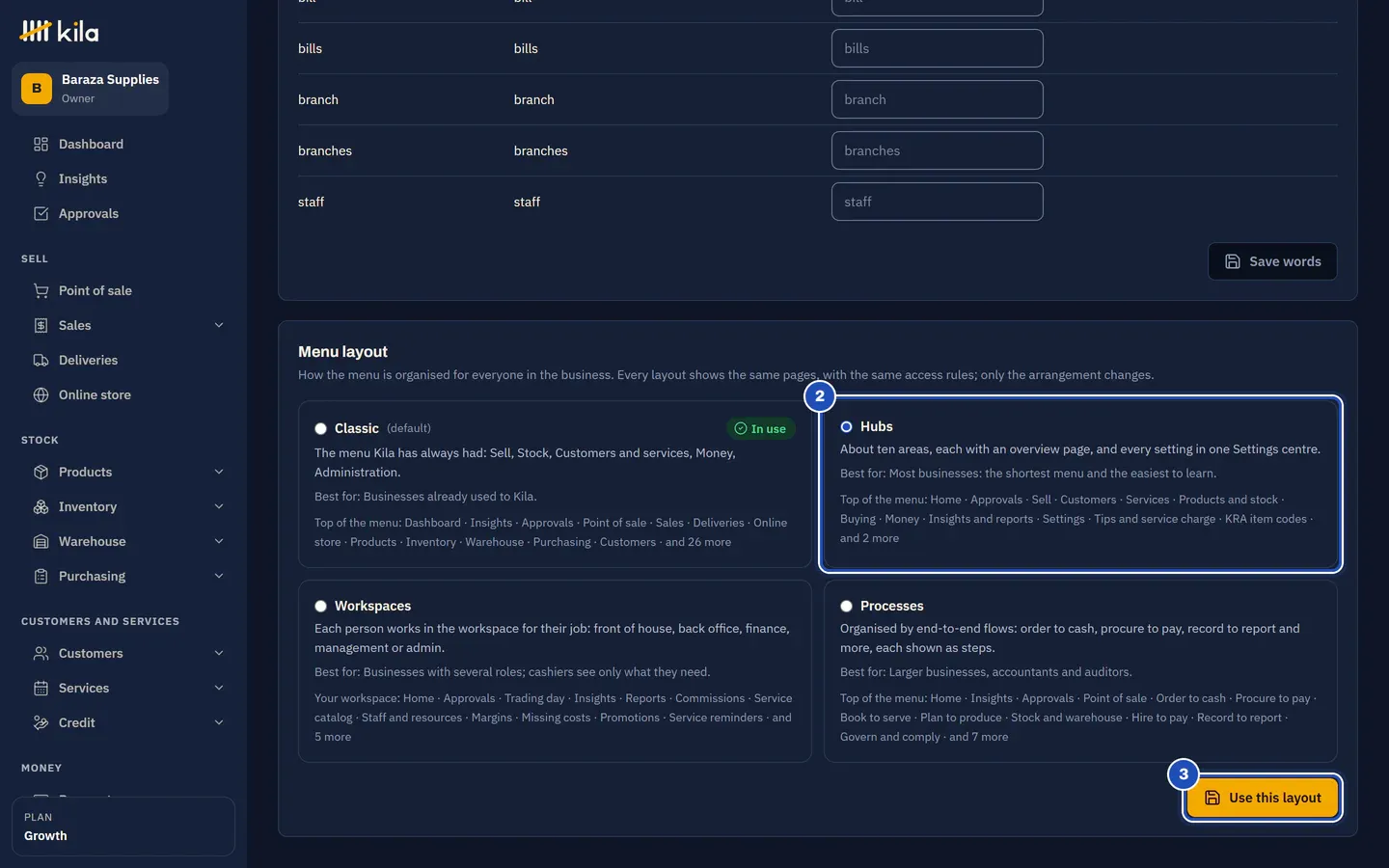 Menu layout on the business profile: Classic in use, Hubs chosen (2), Workspaces and Processes, each with what it is best for and the top of its menu, and Use this layout (3).