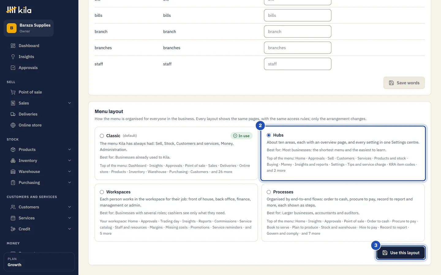 Menu layout on the business profile: Classic in use, Hubs chosen (2), Workspaces and Processes, each with what it is best for and the top of its menu, and Use this layout (3).