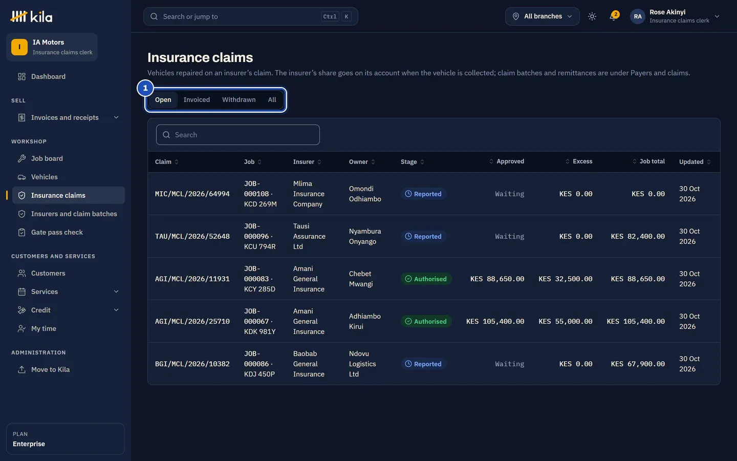 Rose Akinyi's Insurance claims at IA Motors: the tabs Open, Invoiced, Withdrawn and All (1), and the open claims with their insurer, owner, stage, approved amount and excess.