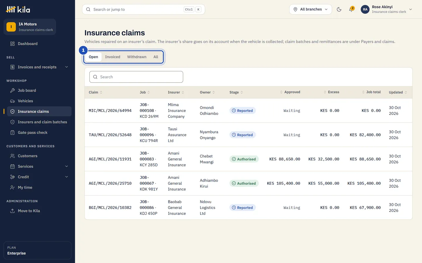 Rose Akinyi's Insurance claims at IA Motors: the tabs Open, Invoiced, Withdrawn and All (1), and the open claims with their insurer, owner, stage, approved amount and excess.