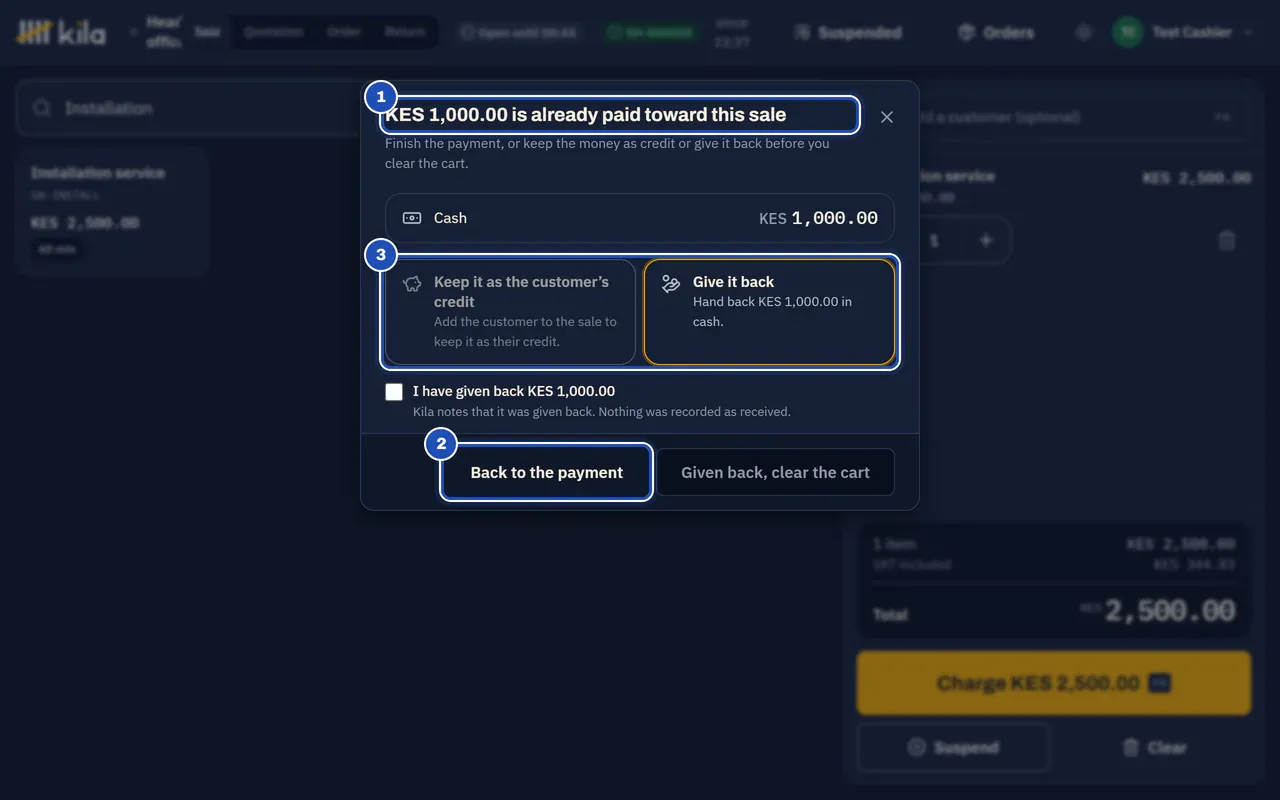 Clearing a cart with KES 1,000.00 paid: KES 1,000.00 is already paid toward this sale (1). Back to the payment (2) and the choices for the money (3).