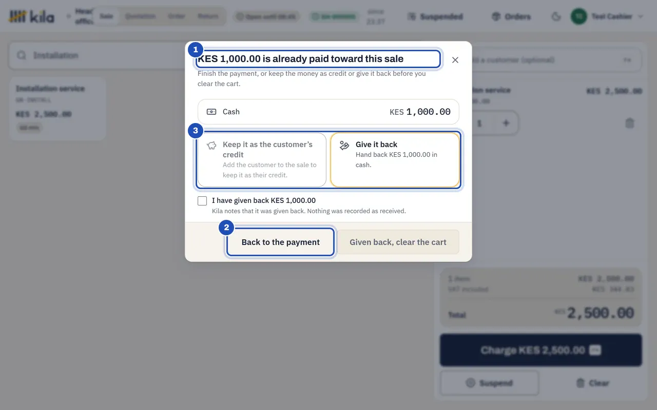 Clearing a cart with KES 1,000.00 paid: KES 1,000.00 is already paid toward this sale (1). Back to the payment (2) and the choices for the money (3).