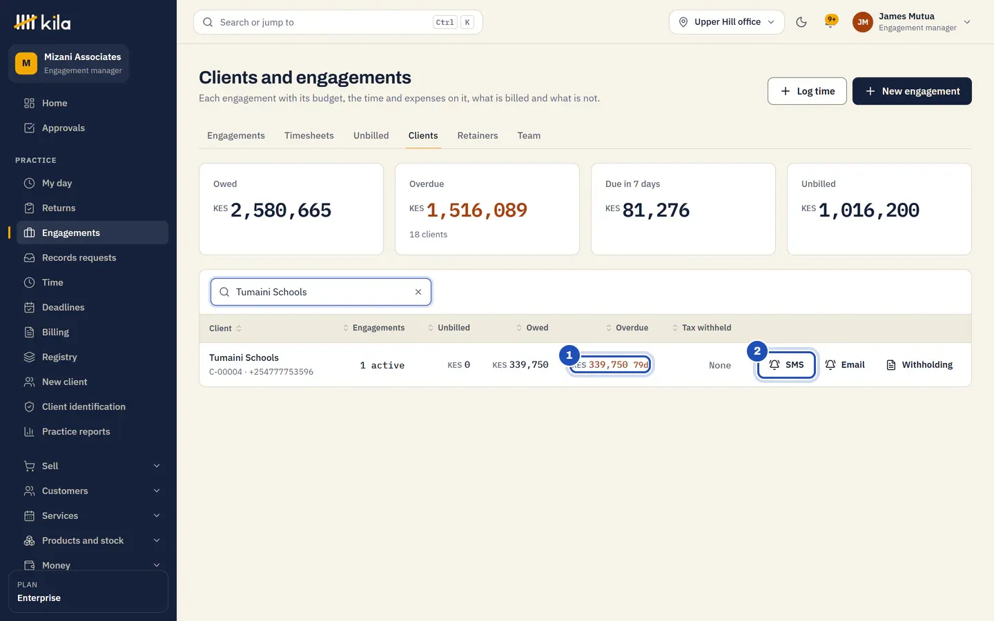 The Clients tab at Mizani Associates, searched for Tumaini Schools: what the school owes, the amount overdue with the days since the oldest invoice fell due (1), and the buttons SMS (2), Email and Withholding.
