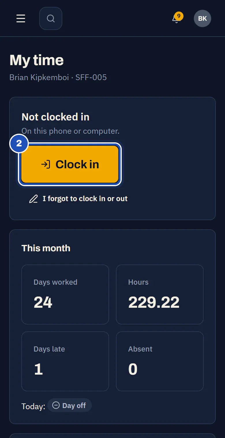 My time for Brian Kipkemboi: Not clocked in, due 06:30 to 15:30, with Clock in marked 2.