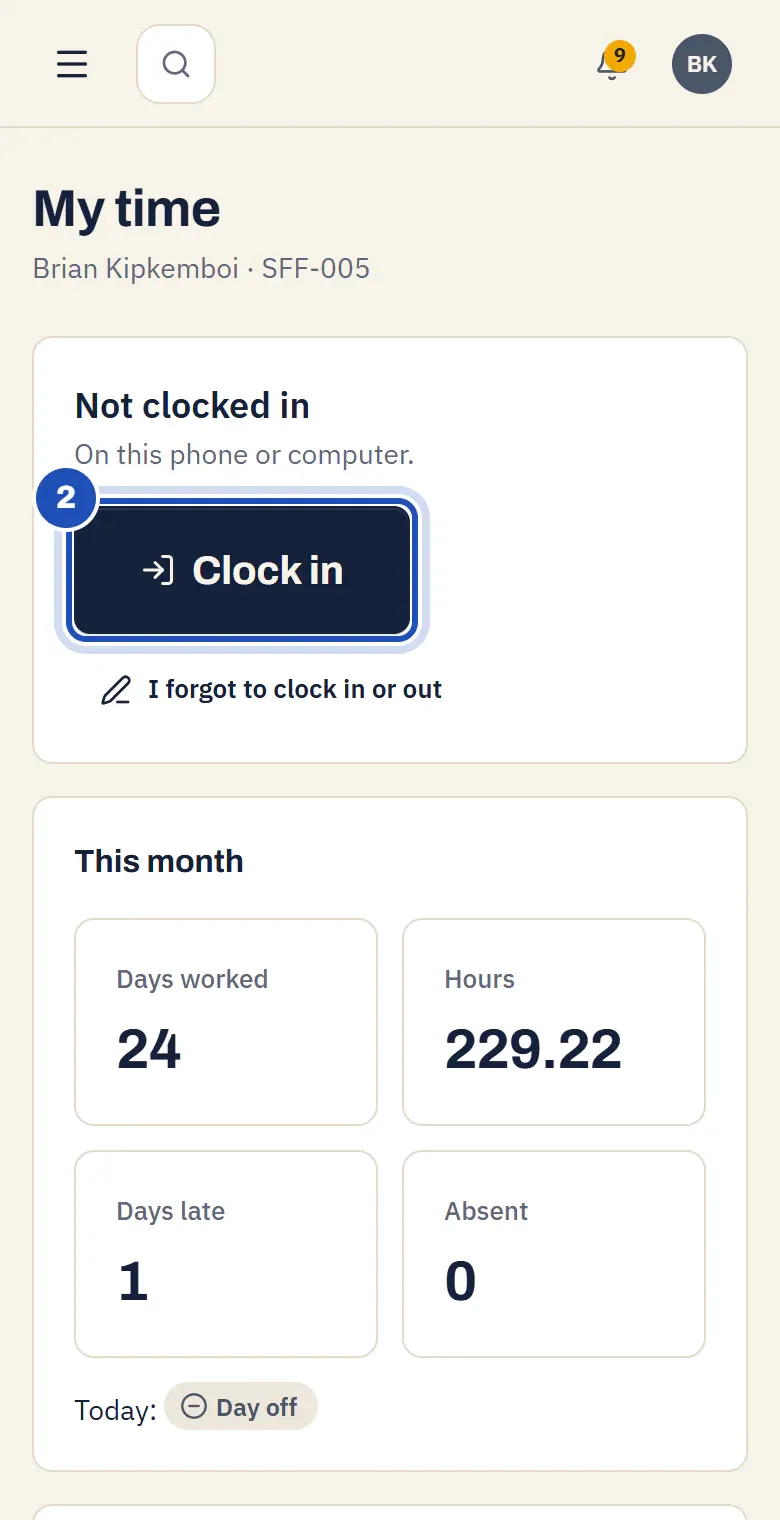 My time for Brian Kipkemboi: Not clocked in, due 06:30 to 15:30, with Clock in marked 2.