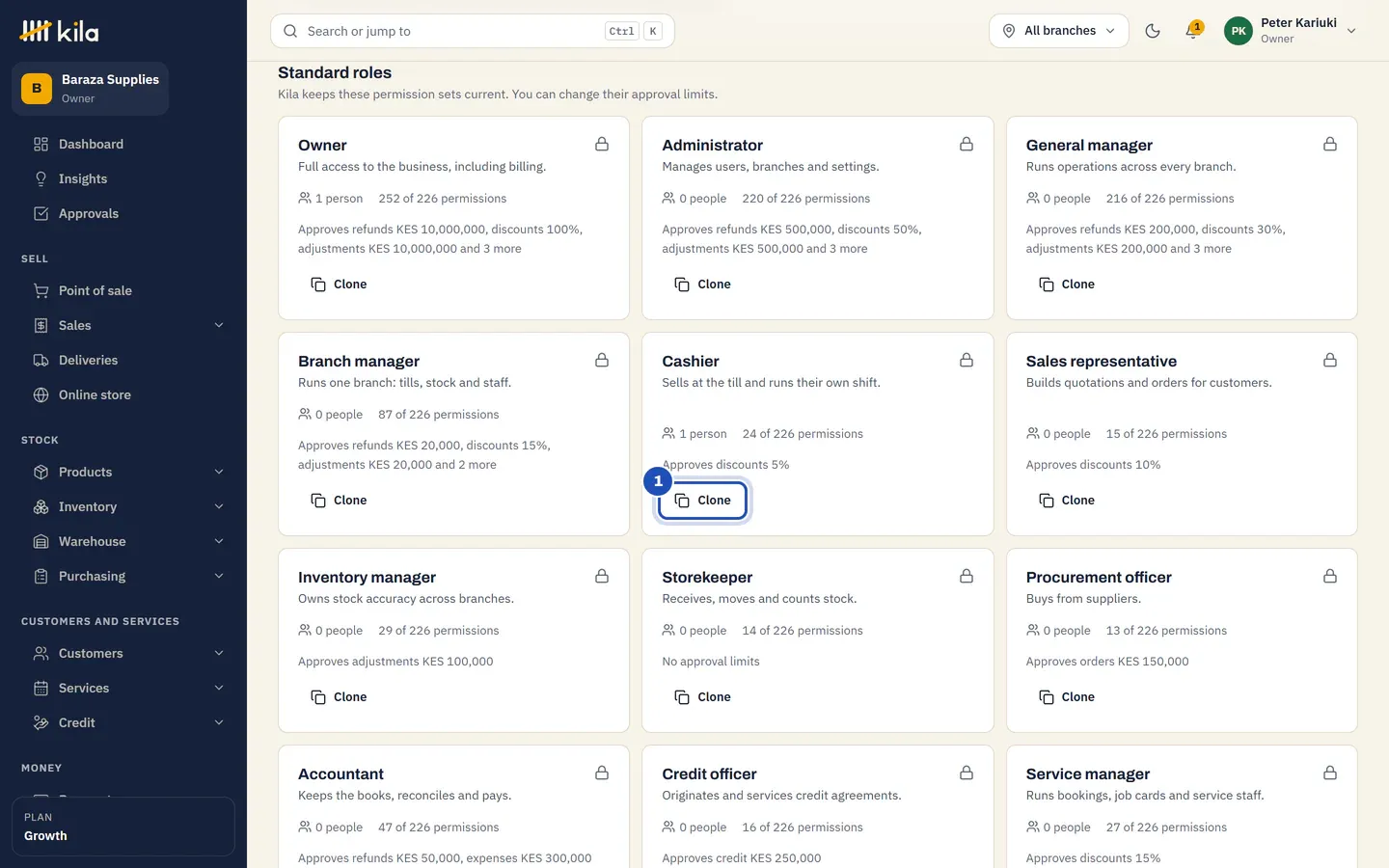 Roles and permissions: no custom roles yet, and the Cashier card among the standard roles with its Clone button marked 1.