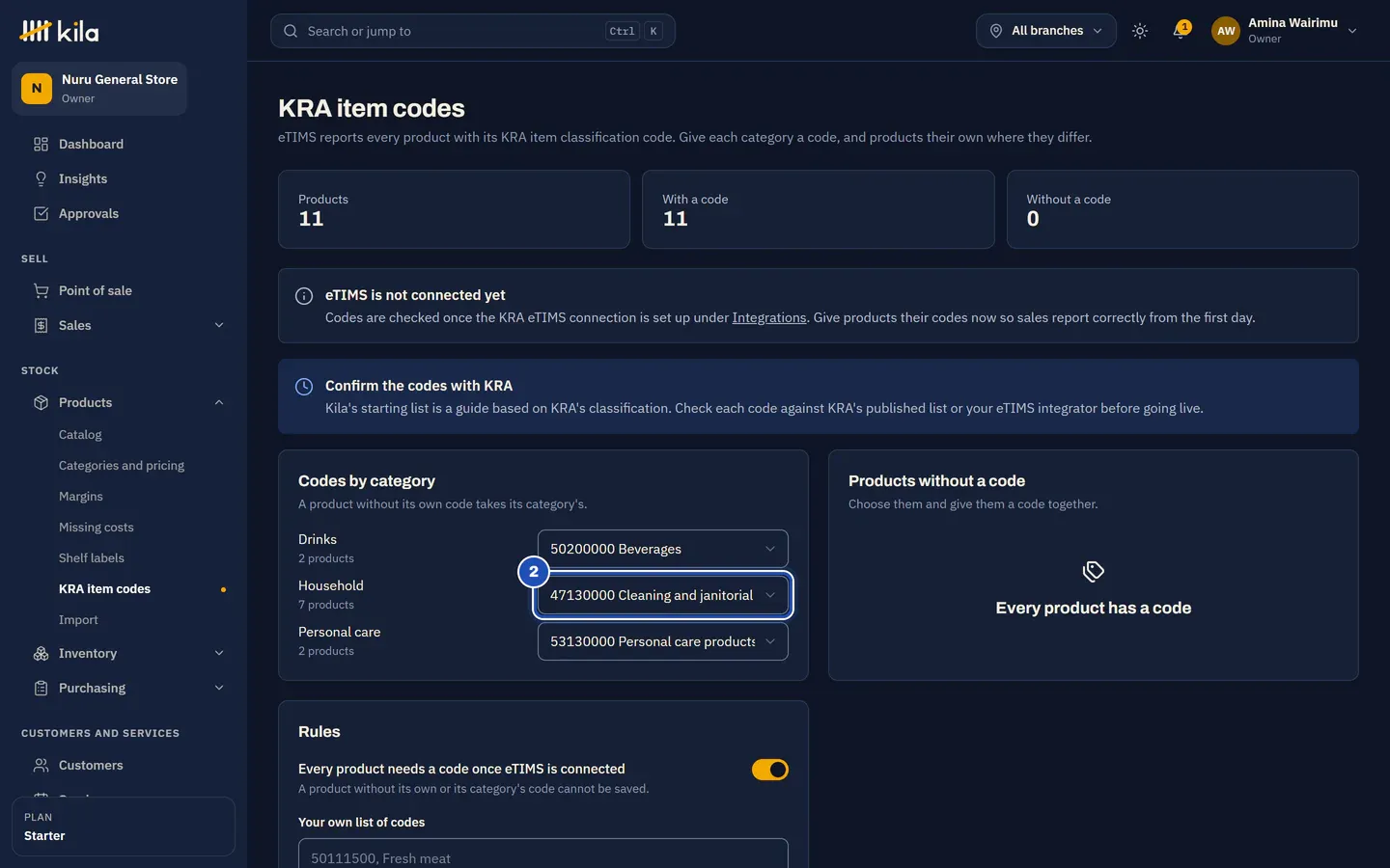 KRA item codes: 11 products, 11 with a code, 0 without; under Codes by category, Drinks 50200000 Beverages, Household 47130000 Cleaning and janitorial supplies (2) and Personal care 53130000 Personal care products; Every product has a code.