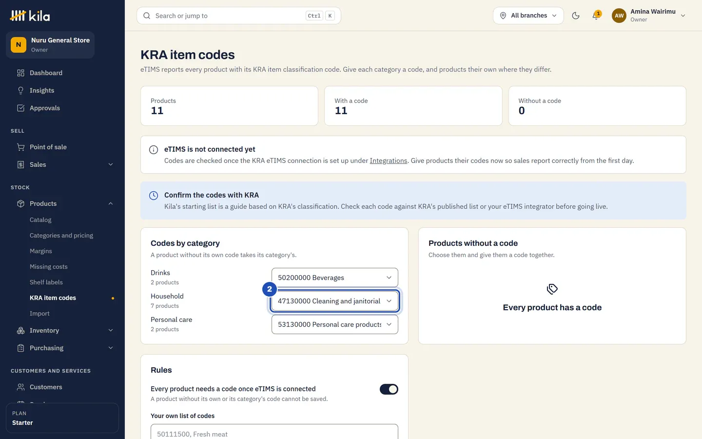 KRA item codes: 11 products, 11 with a code, 0 without; under Codes by category, Drinks 50200000 Beverages, Household 47130000 Cleaning and janitorial supplies (2) and Personal care 53130000 Personal care products; Every product has a code.
