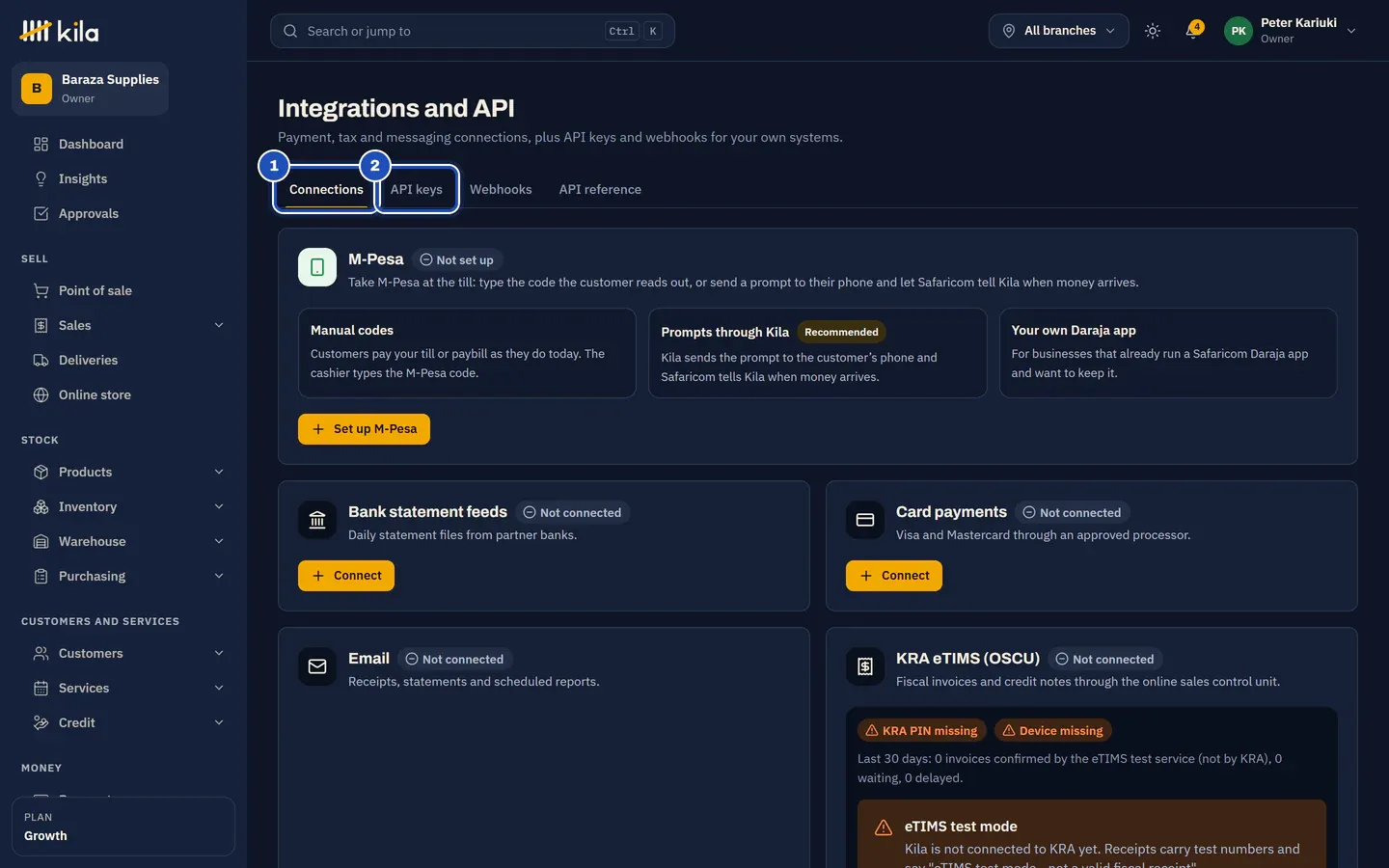 Integrations and API at Baraza Supplies: the Connections tab (1) with M-Pesa not set up, Bank statement feeds, Card payments and Email not connected, and the API keys tab (2).