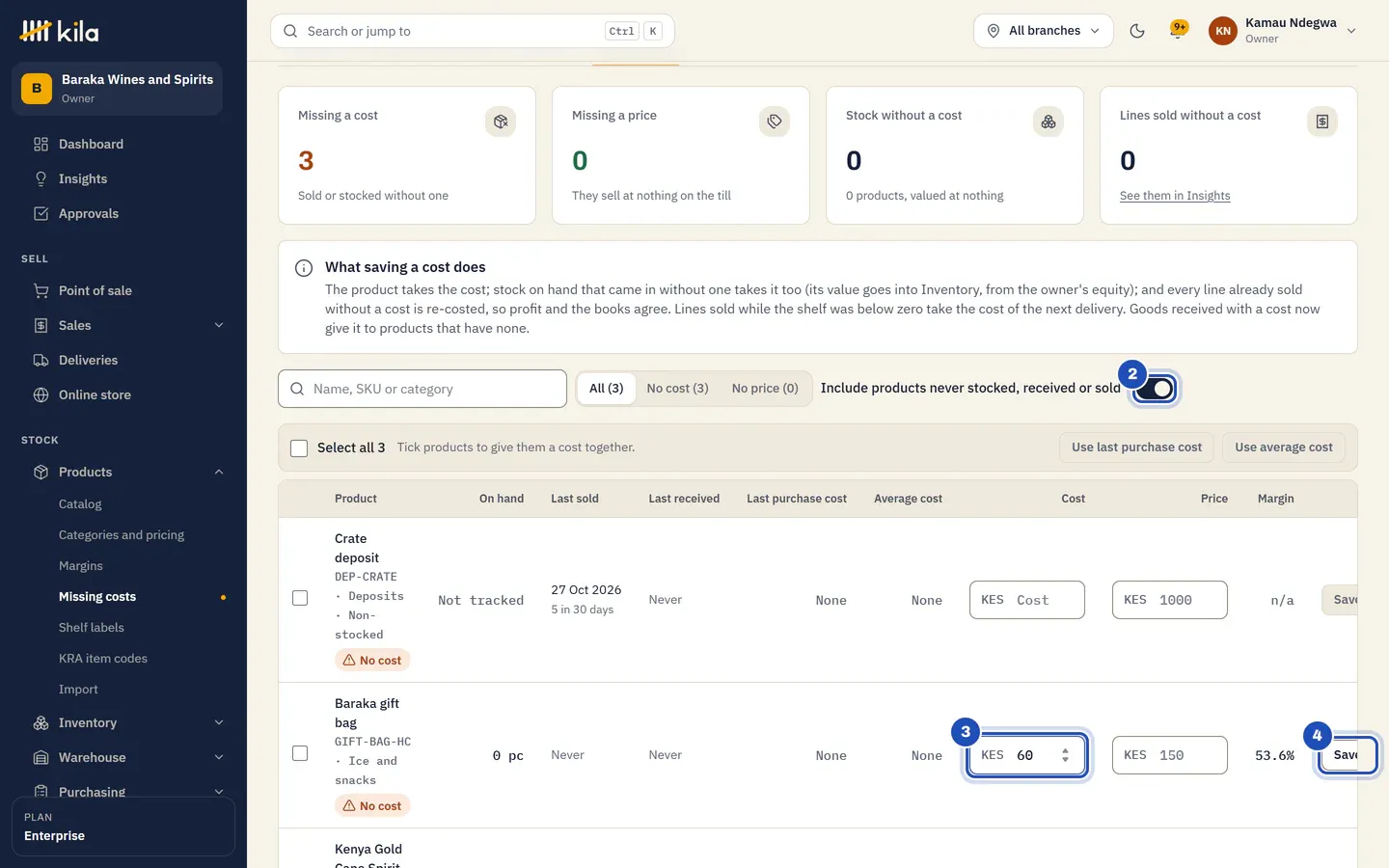 Include products never stocked, received or sold switched on (2): Baraka gift bag, with No cost, has KES 60 typed in Cost (3), a 53.6% margin at its KES 150 price, and Save (4).