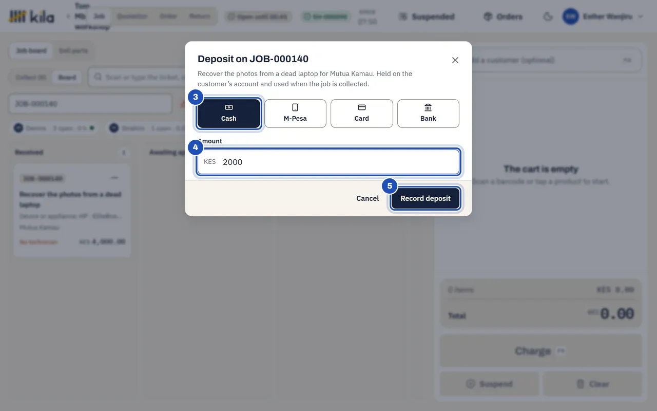 Deposit on a laptop job at the till: Cash chosen (3), KES 2,000 as the amount (4), and Record deposit (5).
