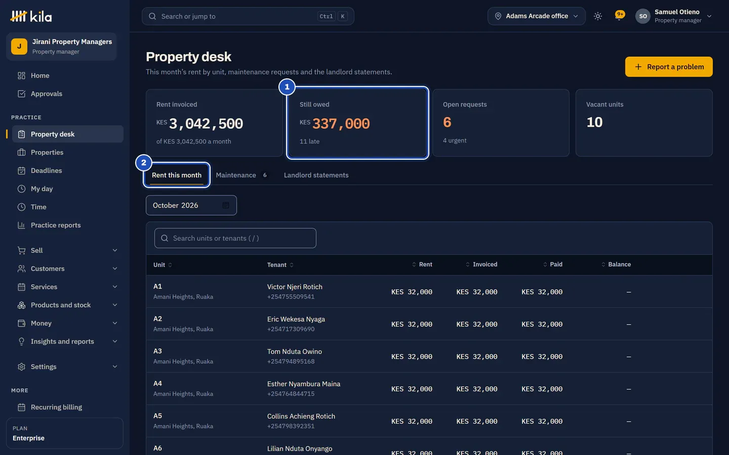 Samuel Otieno's Property desk at Jirani Property Managers: rent invoiced against the rent a month, still owed with the number of units late (1), open requests and vacant units, above Rent this month (2): each unit with its tenant, rent, invoiced, paid and balance.