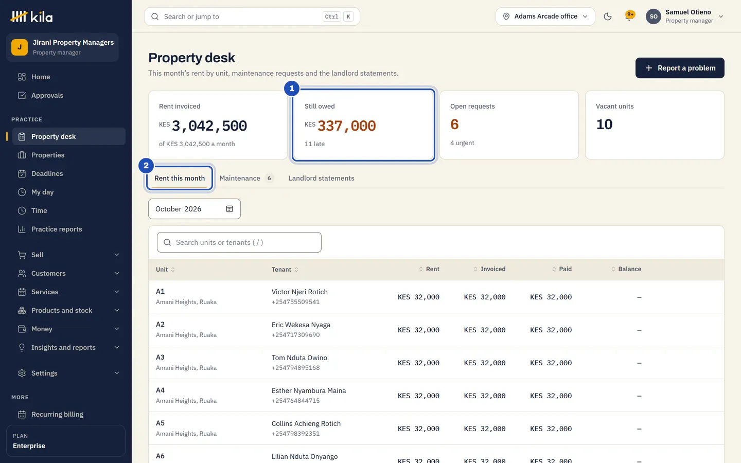 Samuel Otieno's Property desk at Jirani Property Managers: rent invoiced against the rent a month, still owed with the number of units late (1), open requests and vacant units, above Rent this month (2): each unit with its tenant, rent, invoiced, paid and balance.
