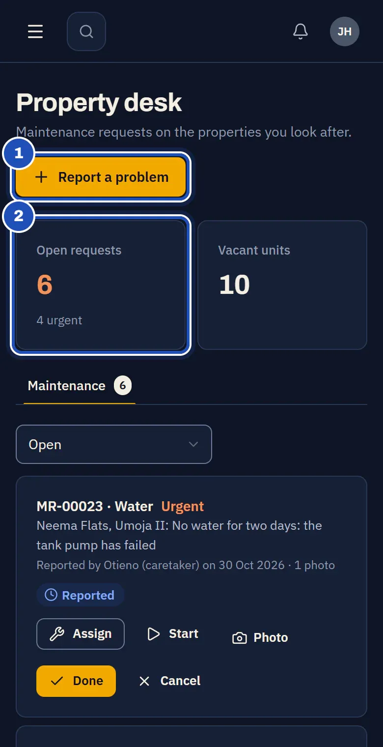 Juma Hamisi's Property desk on his phone: Report a problem (1) and the open requests with the number urgent (2), above the list of maintenance requests.