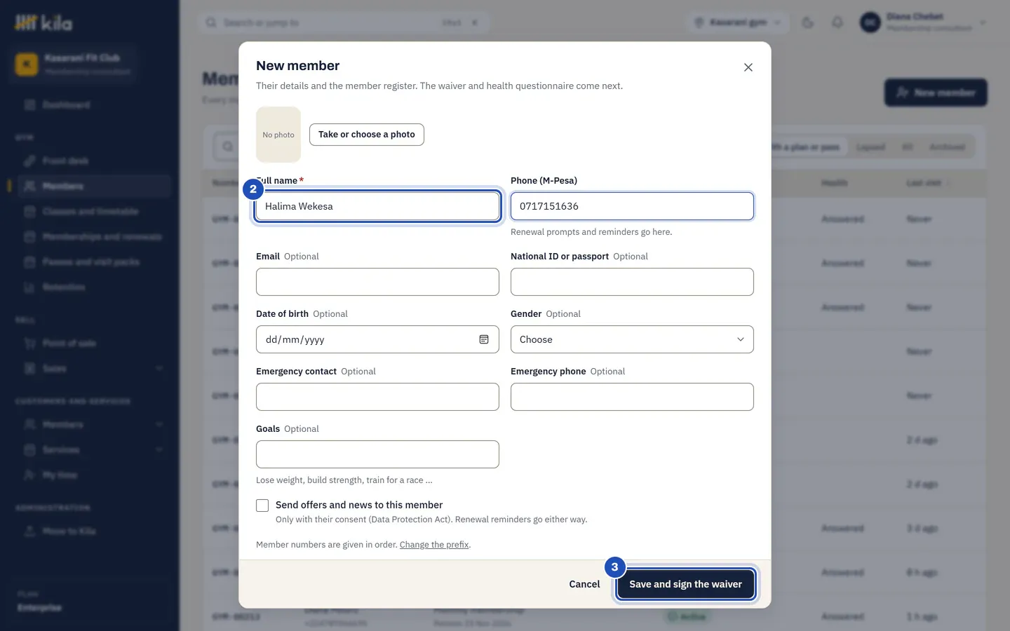 The New member form with the full name Halima Wekesa and a phone number filled in. Full name is marked 2 and Save and sign the waiver is marked 3.