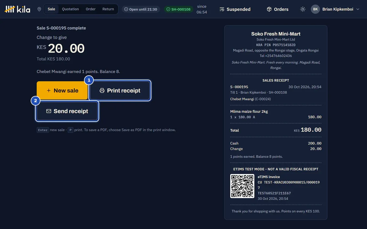 Sale complete: change to give KES 20.00, Print receipt (1) and Send receipt (2), and the receipt for Chebet Mwangi on the right with the eTIMS test mode section.