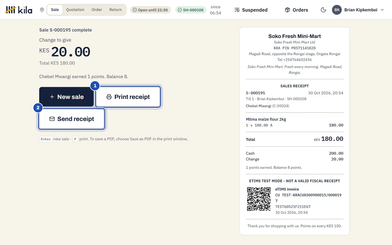 Sale complete: change to give KES 20.00, Print receipt (1) and Send receipt (2), and the receipt for Chebet Mwangi on the right with the eTIMS test mode section.