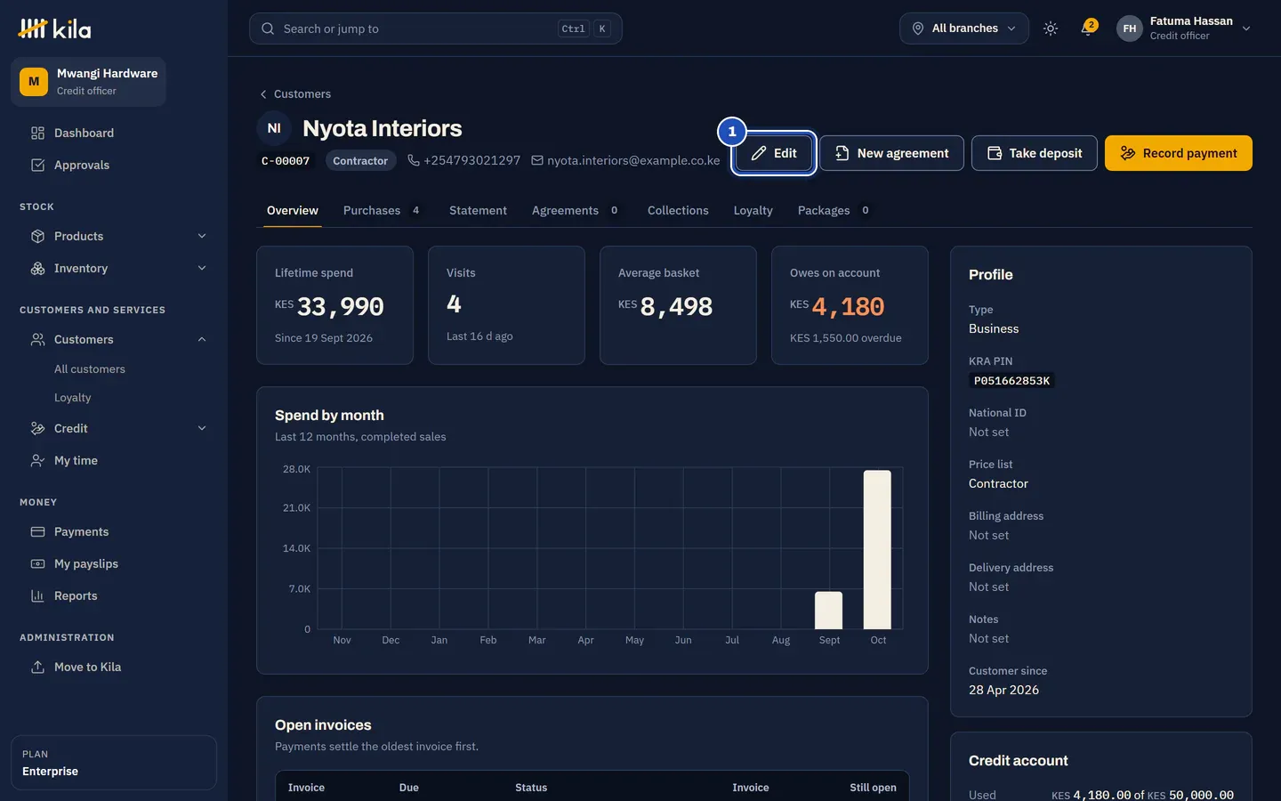 Nyota Interiors' page at Mwangi Hardware, with Edit marked 1.