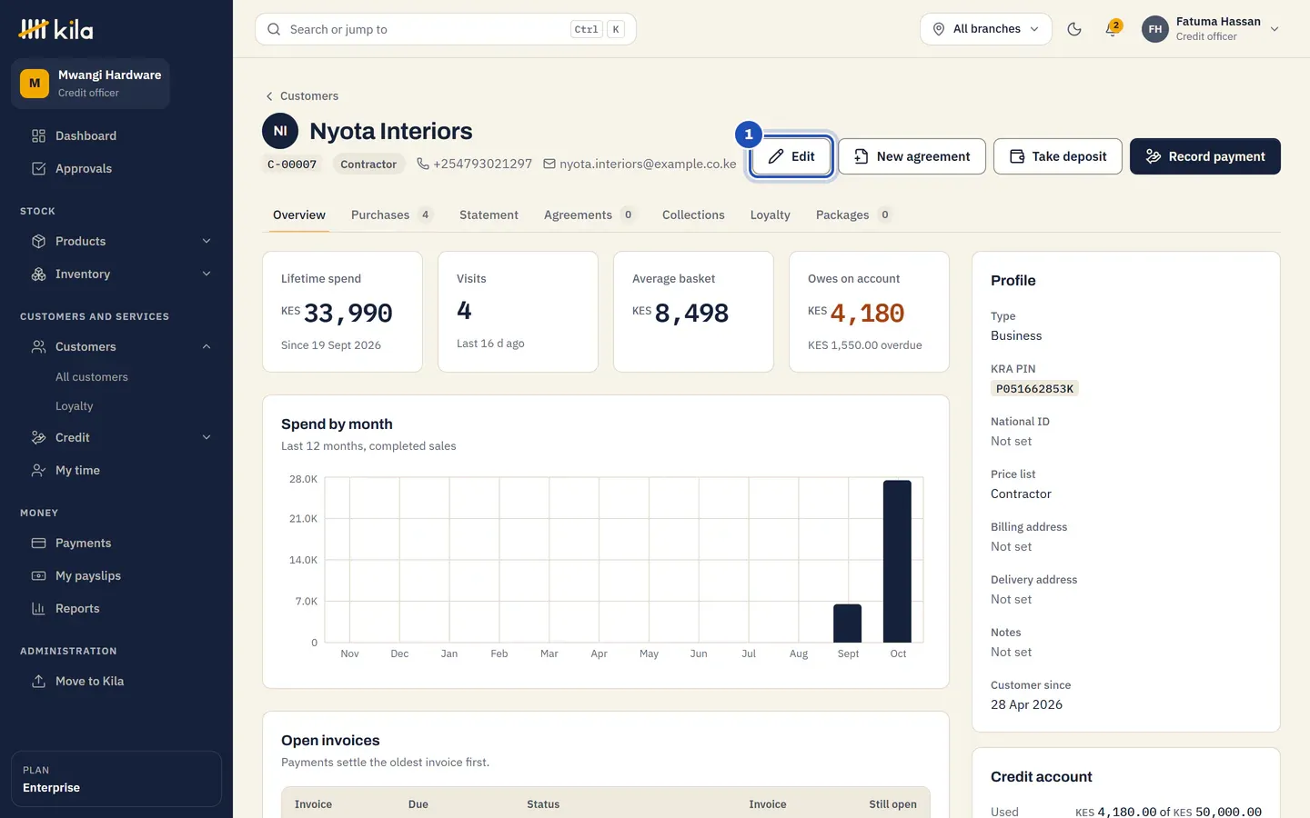 Nyota Interiors' page at Mwangi Hardware, with Edit marked 1.