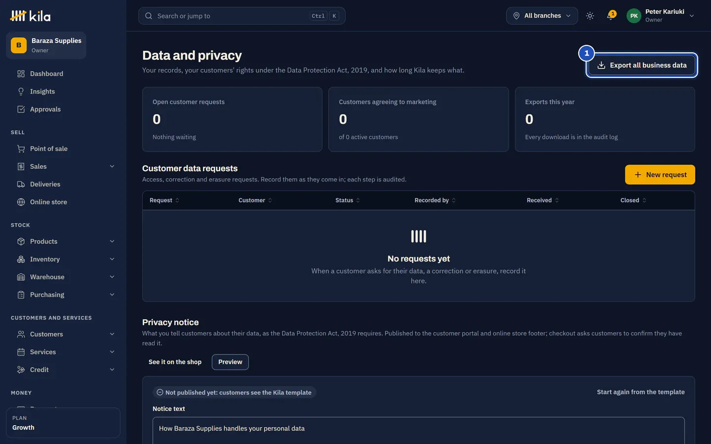 Data and privacy at Baraza Supplies: Export all business data marked 1, with the cards for open customer requests, customers agreeing to marketing and exports this year.