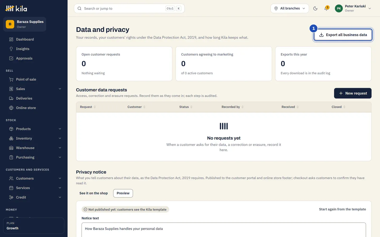 Data and privacy at Baraza Supplies: Export all business data marked 1, with the cards for open customer requests, customers agreeing to marketing and exports this year.