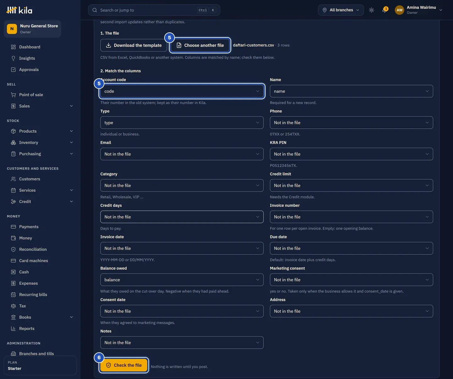 Customers and balances: the file daftari-customers.csv chosen, its columns matched, such as Account code to code (5), and Check the file (6).